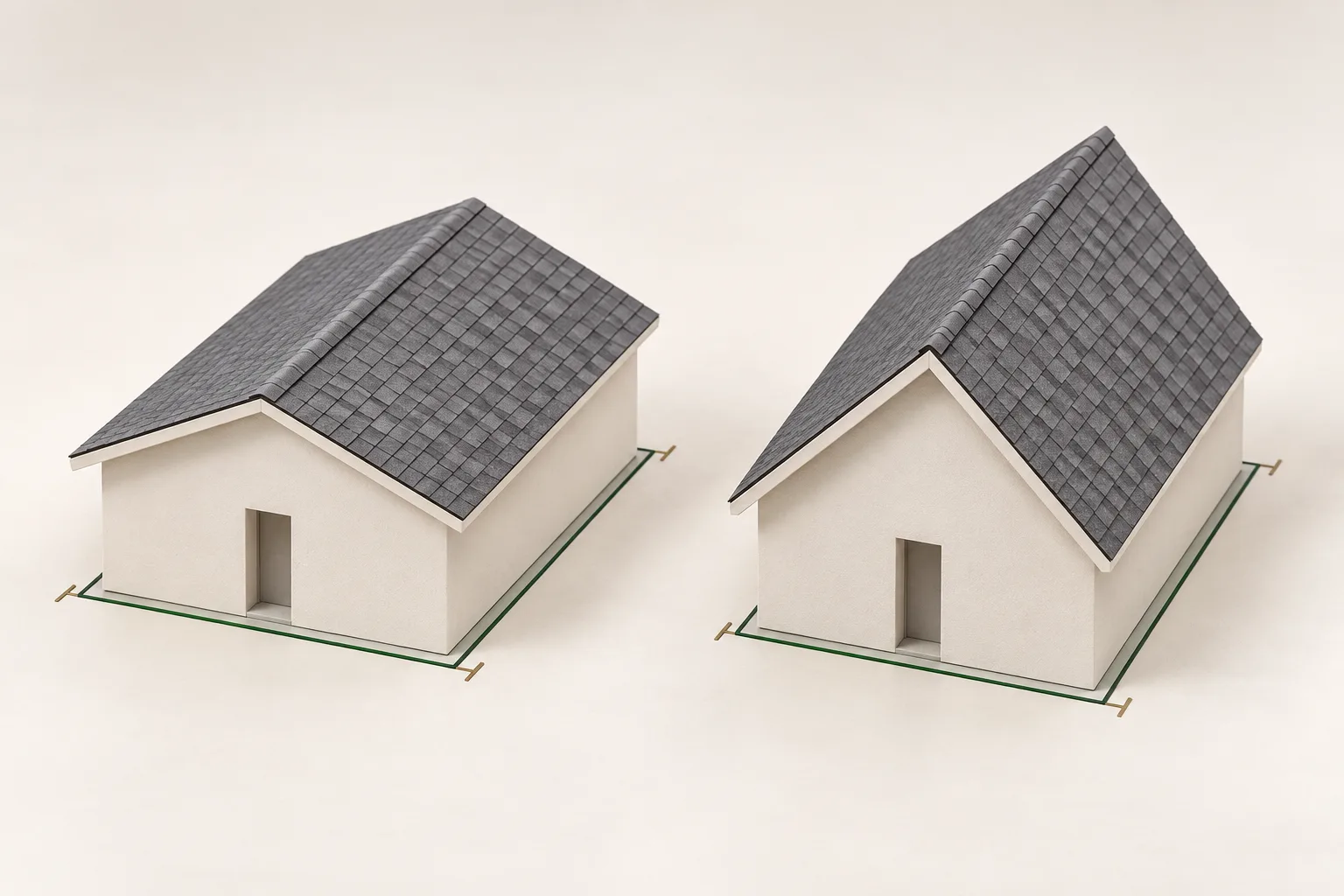 Illustrative model houses with similar footprints and different roof slopes