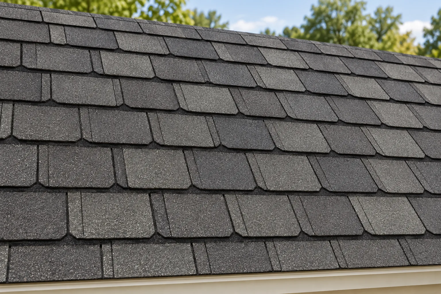 Illustration of gray designer asphalt shingles with broad slate-style tabs and clipped corners