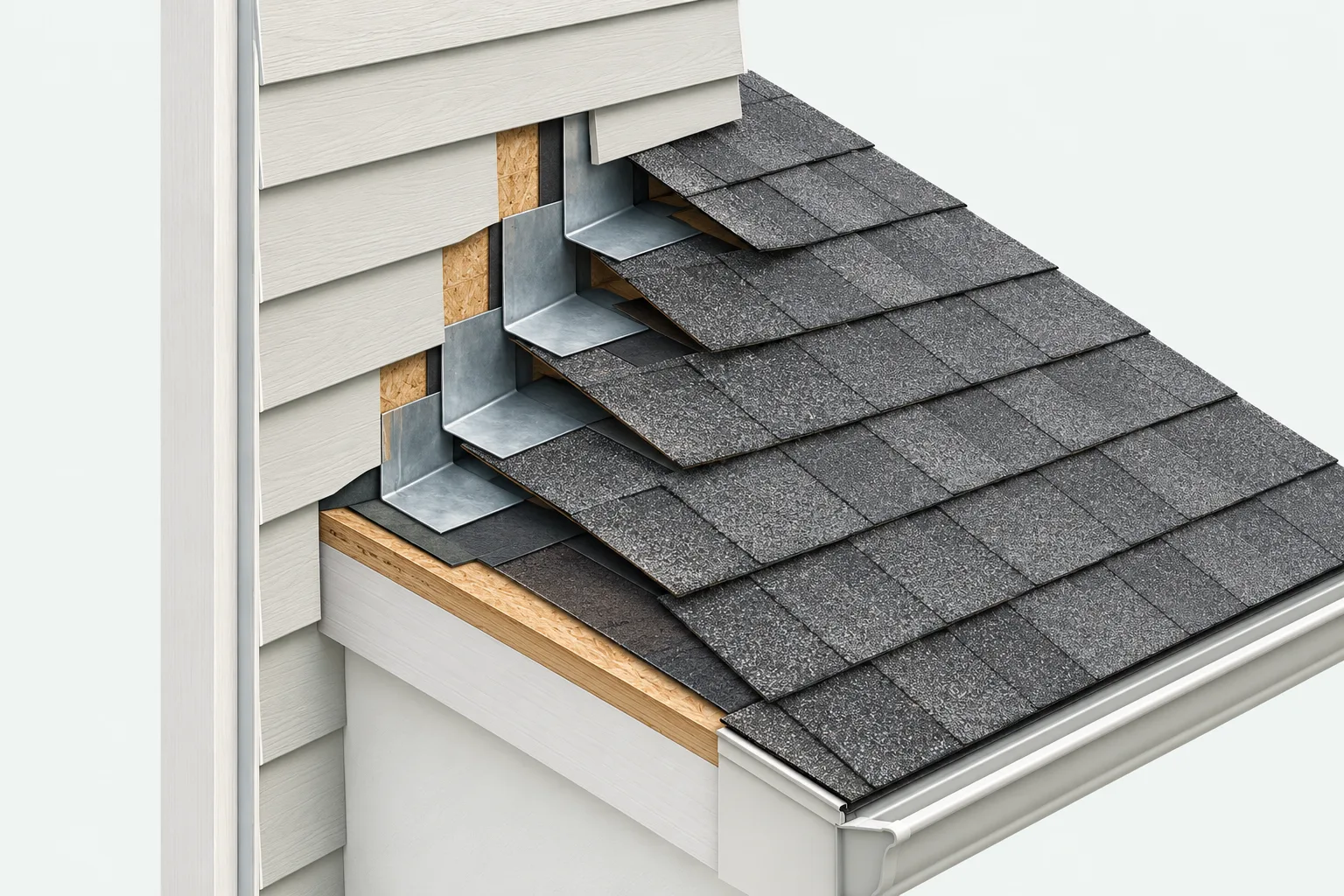 Cutaway illustration of metal flashing between shingle courses where a roof meets a wall